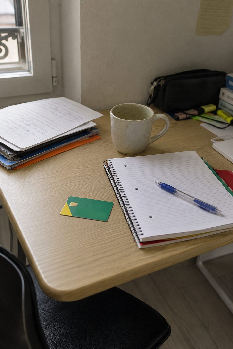 Bureau d'étudiant avec carte Vitale et courrier de mutuelle, lumière du jour