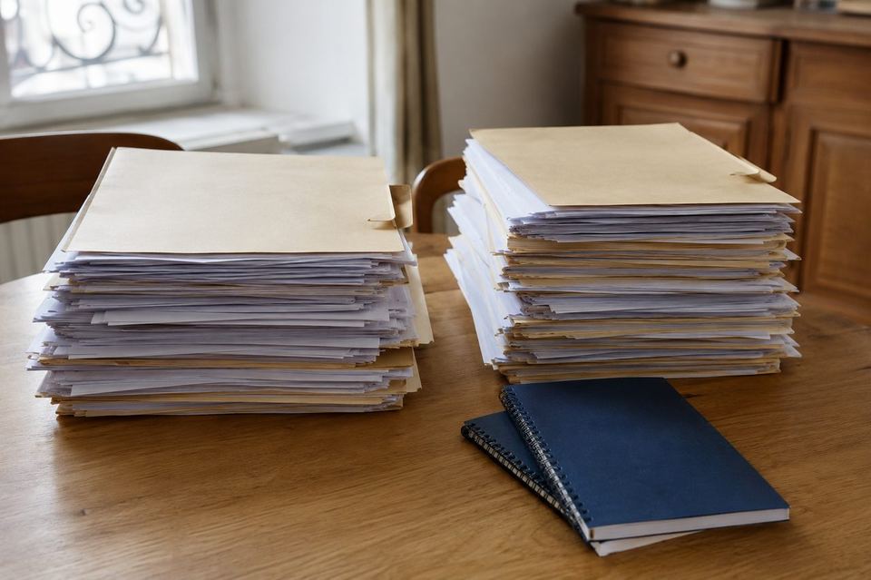 Dossiers de complémentaires santé posés à côté d'un carnet, sans logo d'association