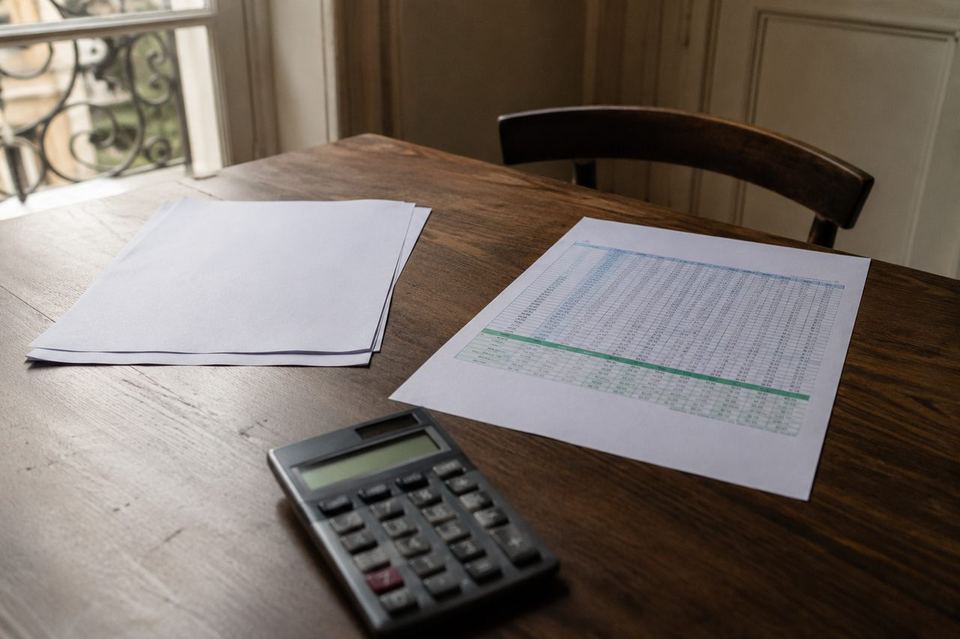 Calculatrice et tableau de garanties de mutuelle posés sur une table
